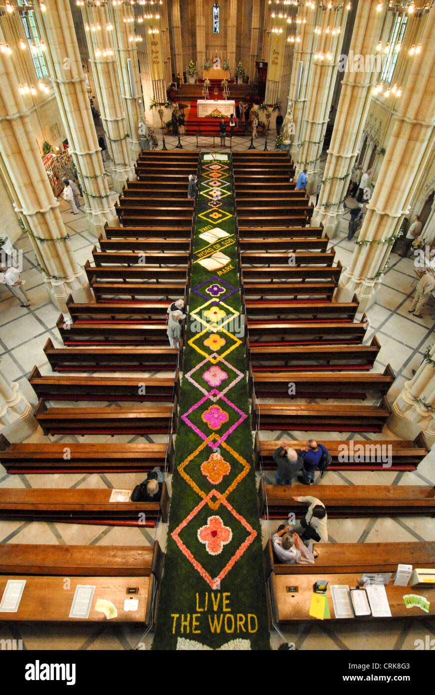 Il tappeto di fiori a Arundel la cattedrale cattolica romana, prevista durante la festa del Corpus Domini. Foto Stock