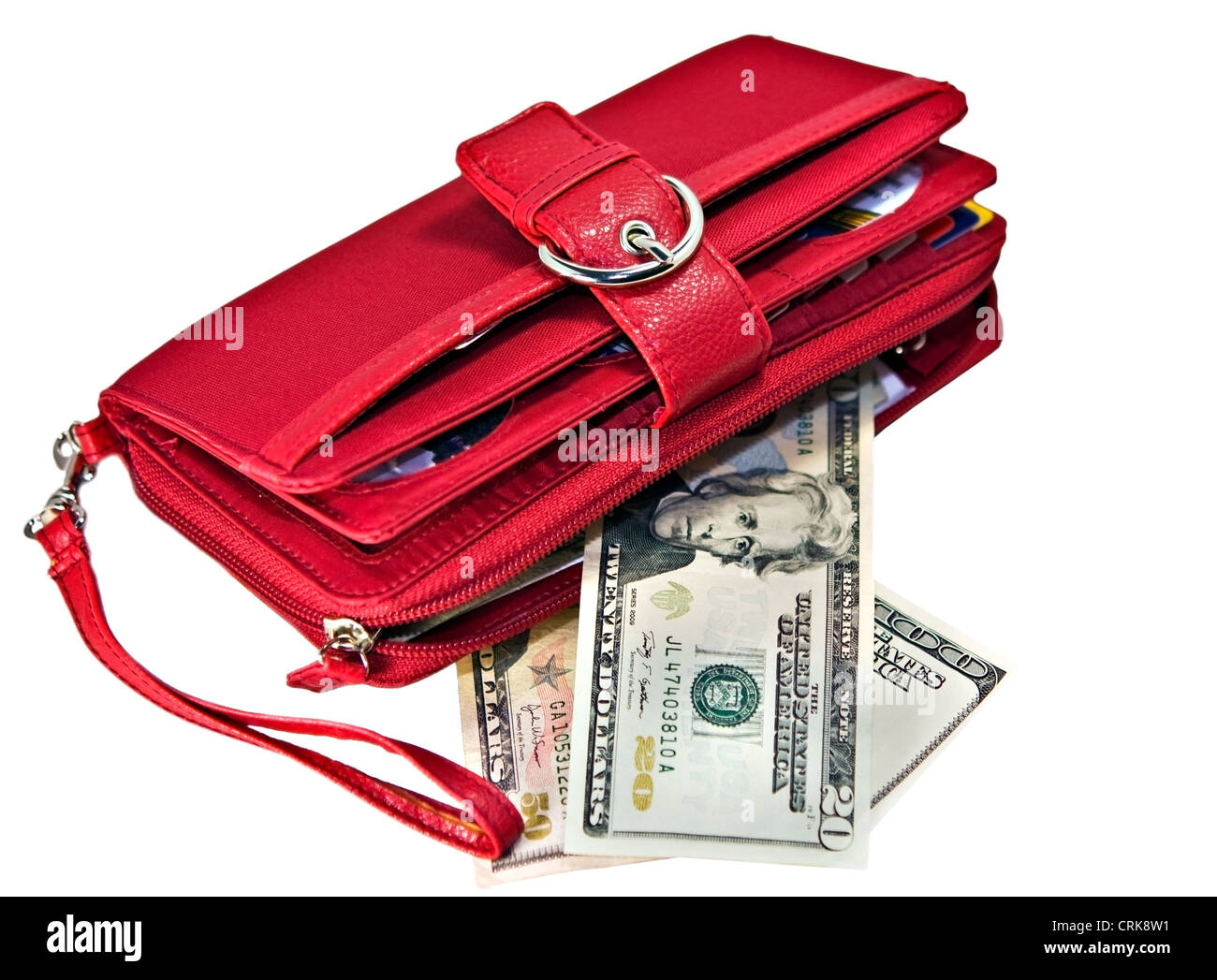 Un portafoglio di colore rosso con il denaro e le schede di carica sul lato. Foto Stock
