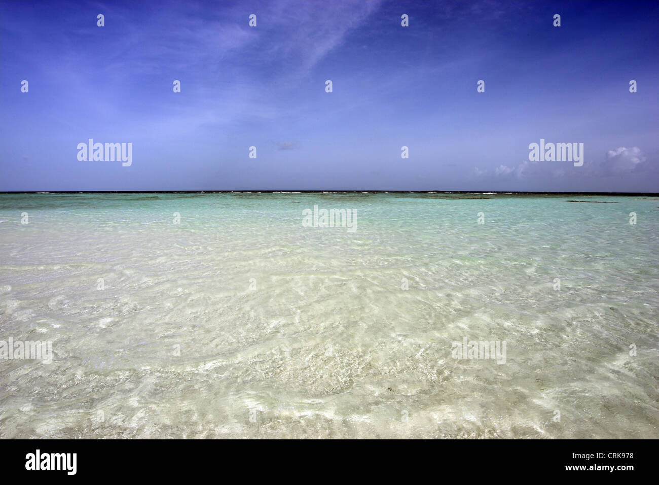 Vista dalla spiaggia al villaggio Embudu nelle Maldive. Foto Stock