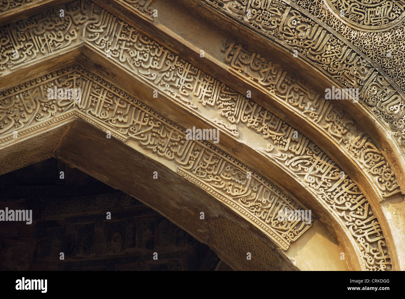 Vista parziale di ingresso alla sala di preghiera della moschea di Jami (Bara Gumbad Mosque) decorato con iscrizioni arabaic & foliate motivi Foto Stock