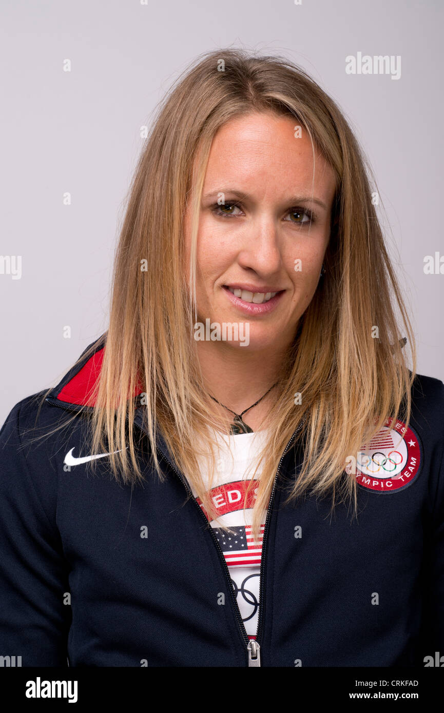 Sailor Anna Tunnicliffe al Team USA Media Summit di Dallas, Texas, prima delle Olimpiadi di Londra 2012. Foto Stock