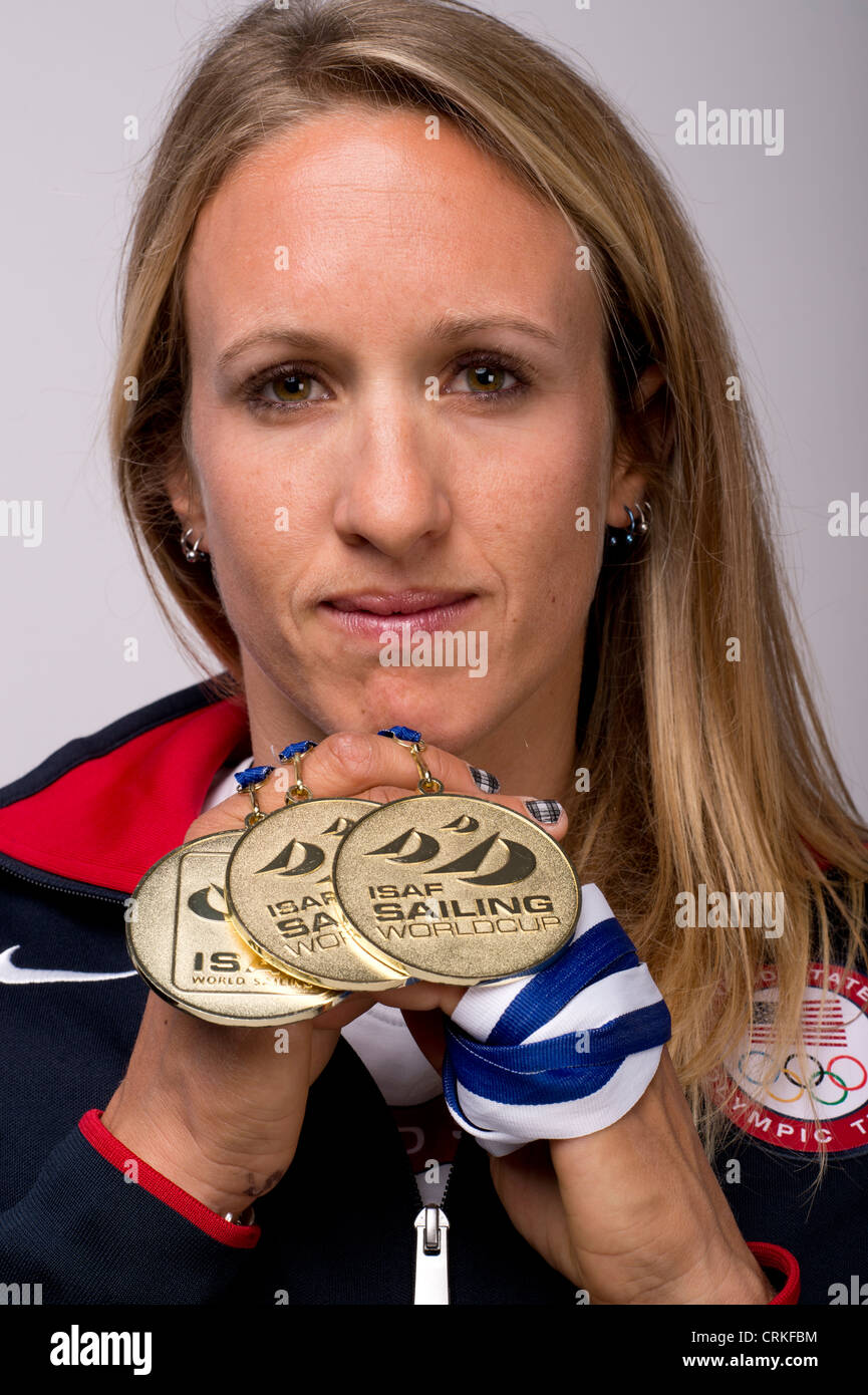 Sailor Anna Tunnicliffe al Team USA Media Summit di Dallas, Texas, prima delle Olimpiadi di Londra 2012. Foto Stock