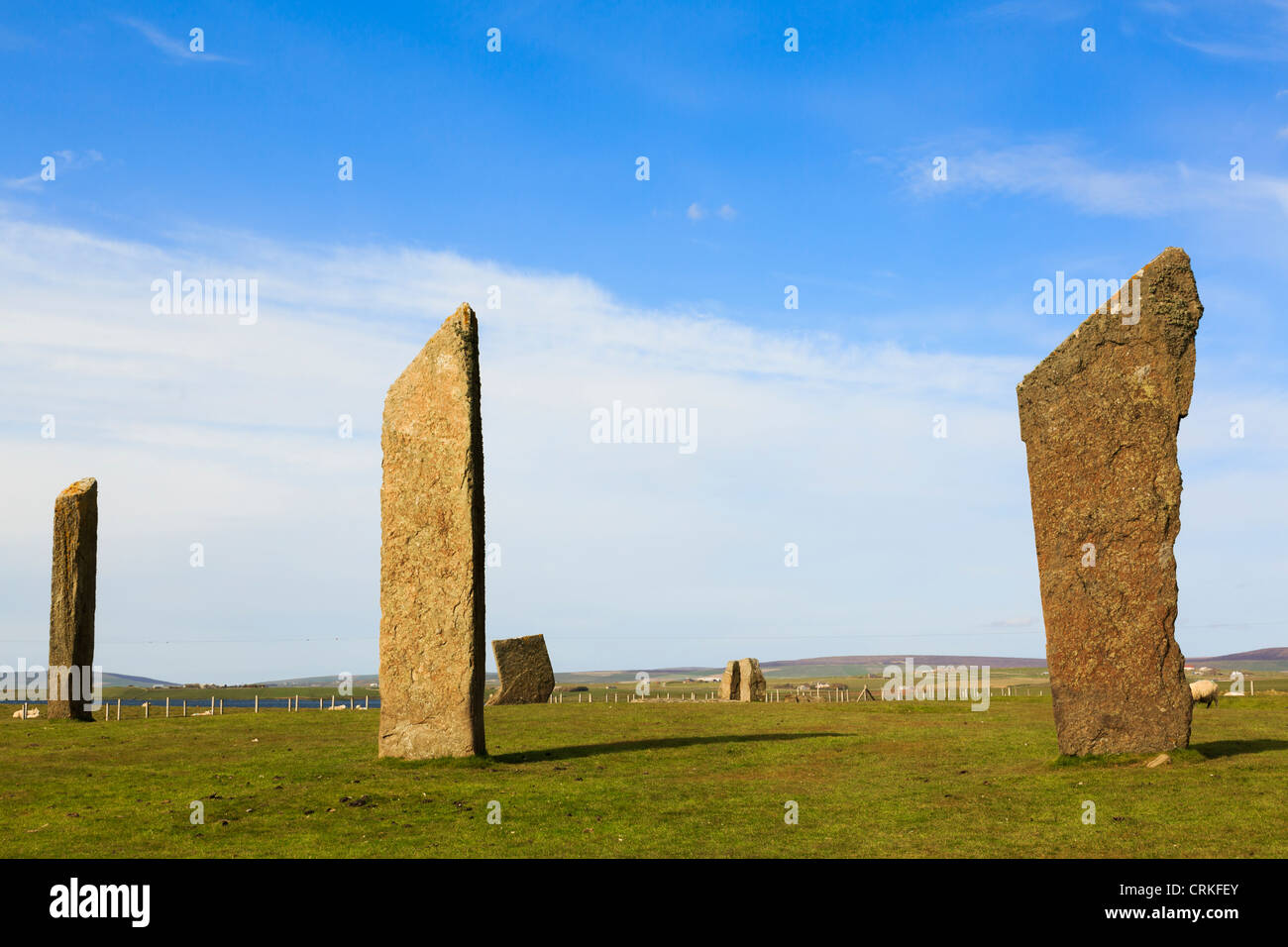 Grandi pietre permanente di Stenness resti del neolitico un cerchio di pietra a Stenness Isole Orcadi Scozia UK Gran Bretagna Foto Stock
