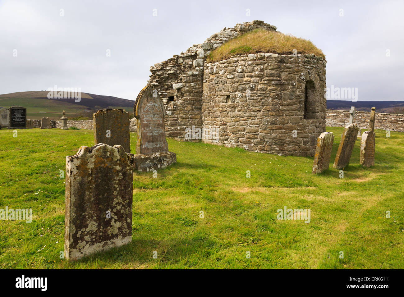 Rovine di 12thc Round Kirk navata (chiesa di San Nicola) con vecchie lapidi nel sagrato a Orphir Isole Orcadi Scozia UK Foto Stock