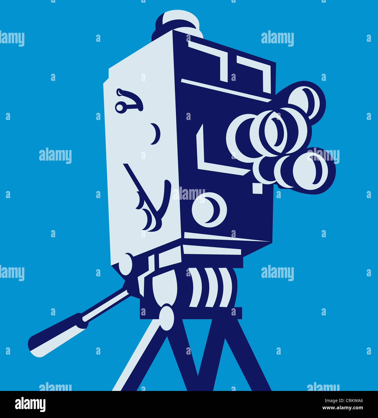 Illustrazione di un vintage film telecamera video visto dal basso angolo impostato quadrato interno fatto in stile retrò. Foto Stock