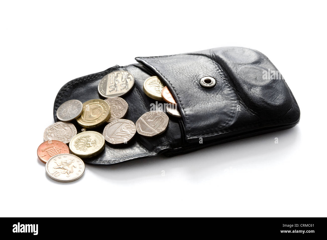 Aprire il portafoglio o il portamonete con sterling monete isolato su bianco Foto Stock