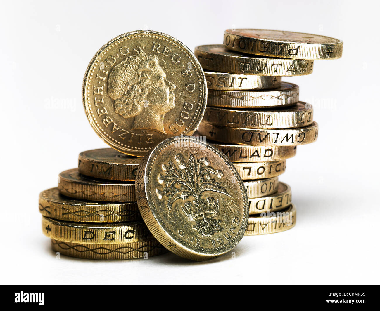 Pile di British pound monete Foto Stock