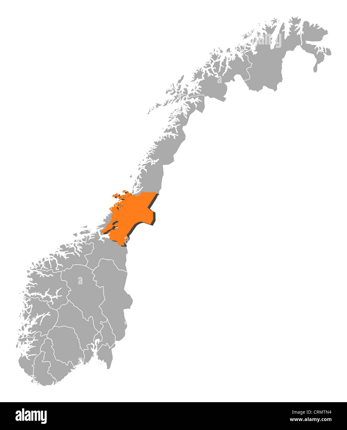 Mappa Politico della Norvegia con le varie contee in cui Nord-Trøndelag è evidenziata. Foto Stock Mappa Politico della Norvegia con le varie contee in cui Nord-Trøndelag è evidenziata. Foto Stock