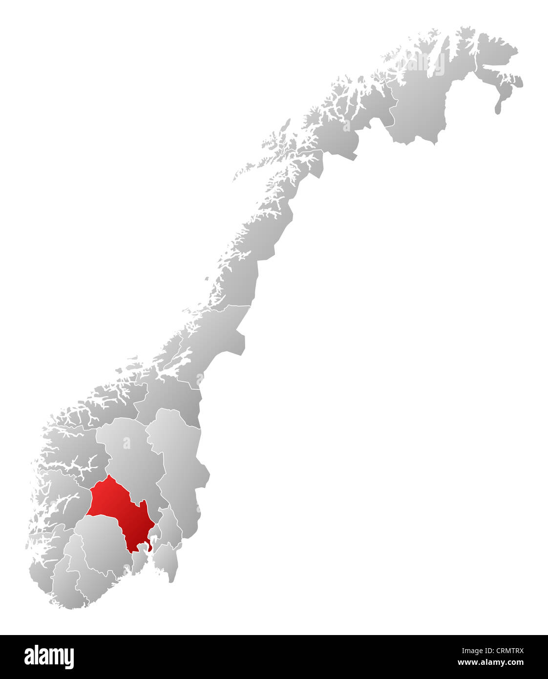 Mappa Politico della Norvegia con le varie contee in cui Buskerud è evidenziata. Foto Stock