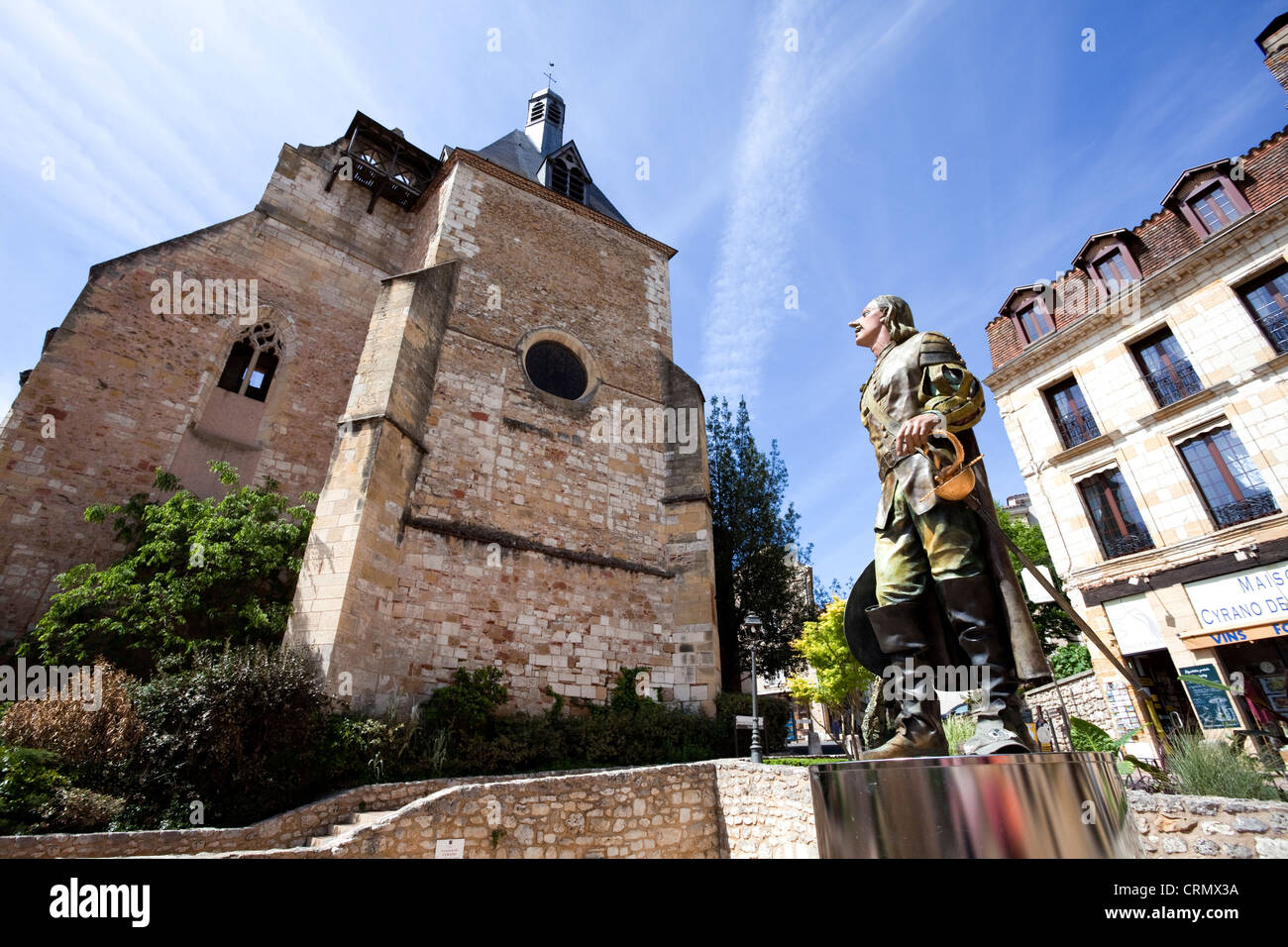 Statua di "Cyrano de Bergerac nel villaggio francese di Bregerac Dordogne Francia, Europa. Foto Stock