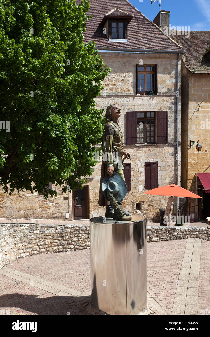 Statua di "Cyrano de Bergerac nel villaggio francese di Bregerac Dordogne Francia, Europa. Foto Stock