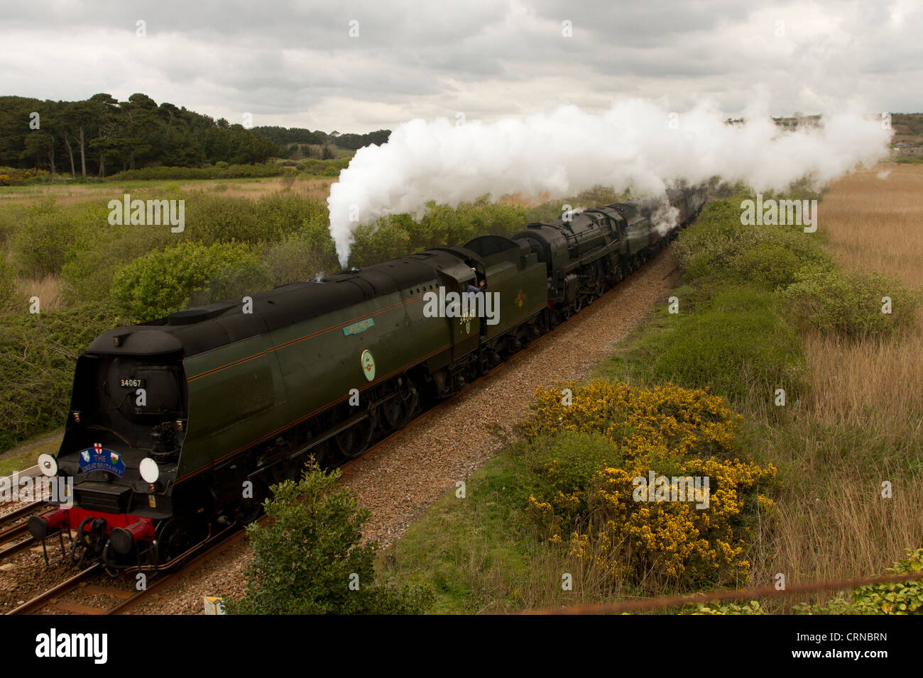 Battaglia di Bretagna classe n. 34067 Tangmere con Marazion Marsh RSPB in background. Foto Stock