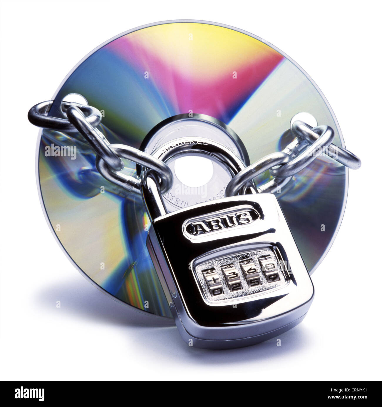 CD-Rom protetto con catena e lucchetto Foto Stock