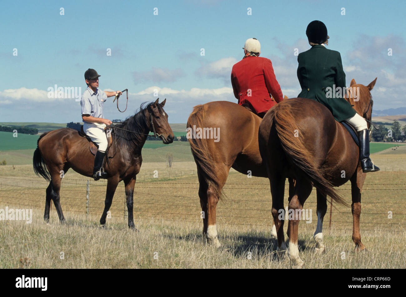 Maestro di caccia e la moglie con il proprietario terriero locale, in attesa a cavallo durante l'harrier hunt, a caccia di lepri o volpi (introdotto Foto Stock