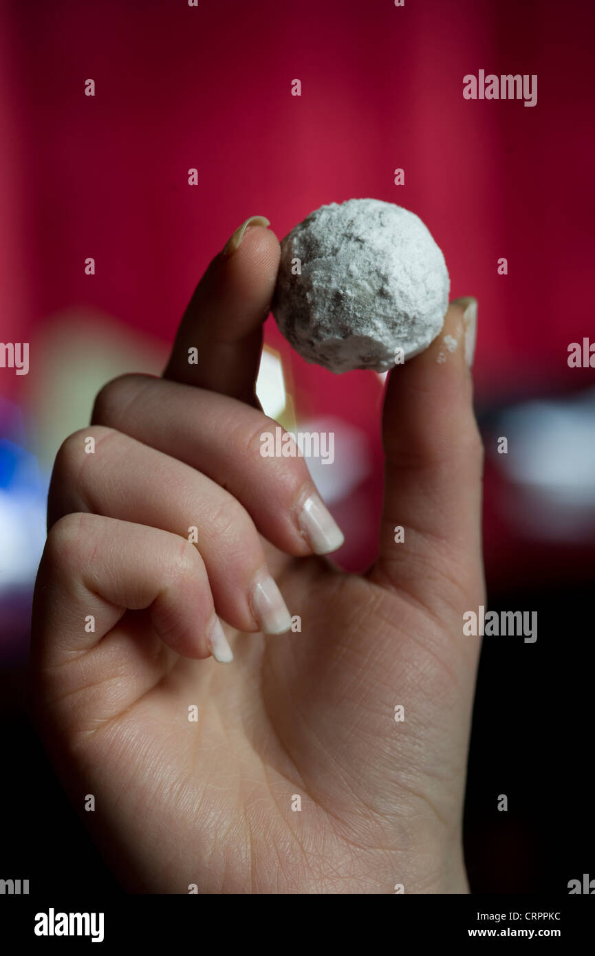 Mano che regge una sfera di Borbone dessert Foto Stock