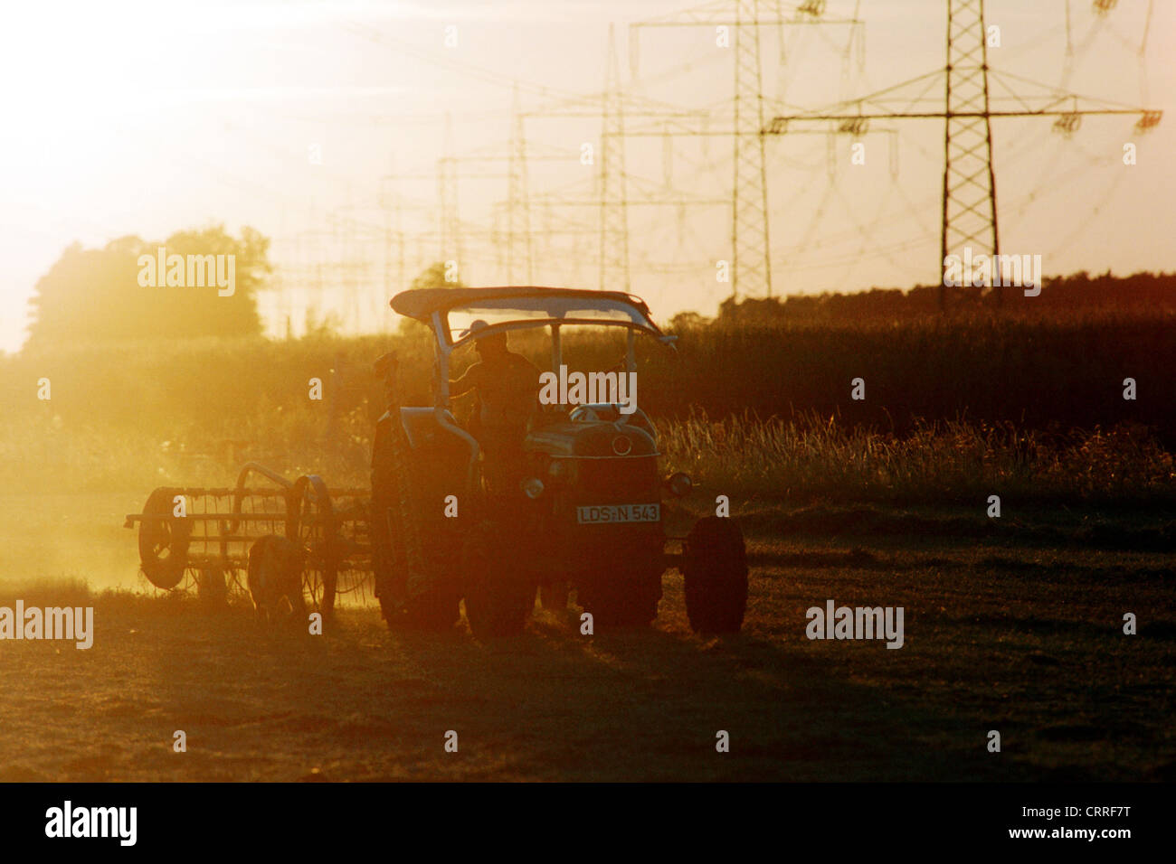 Un trattore che lavorano nel campo sotto la luce diretta del sole Foto Stock