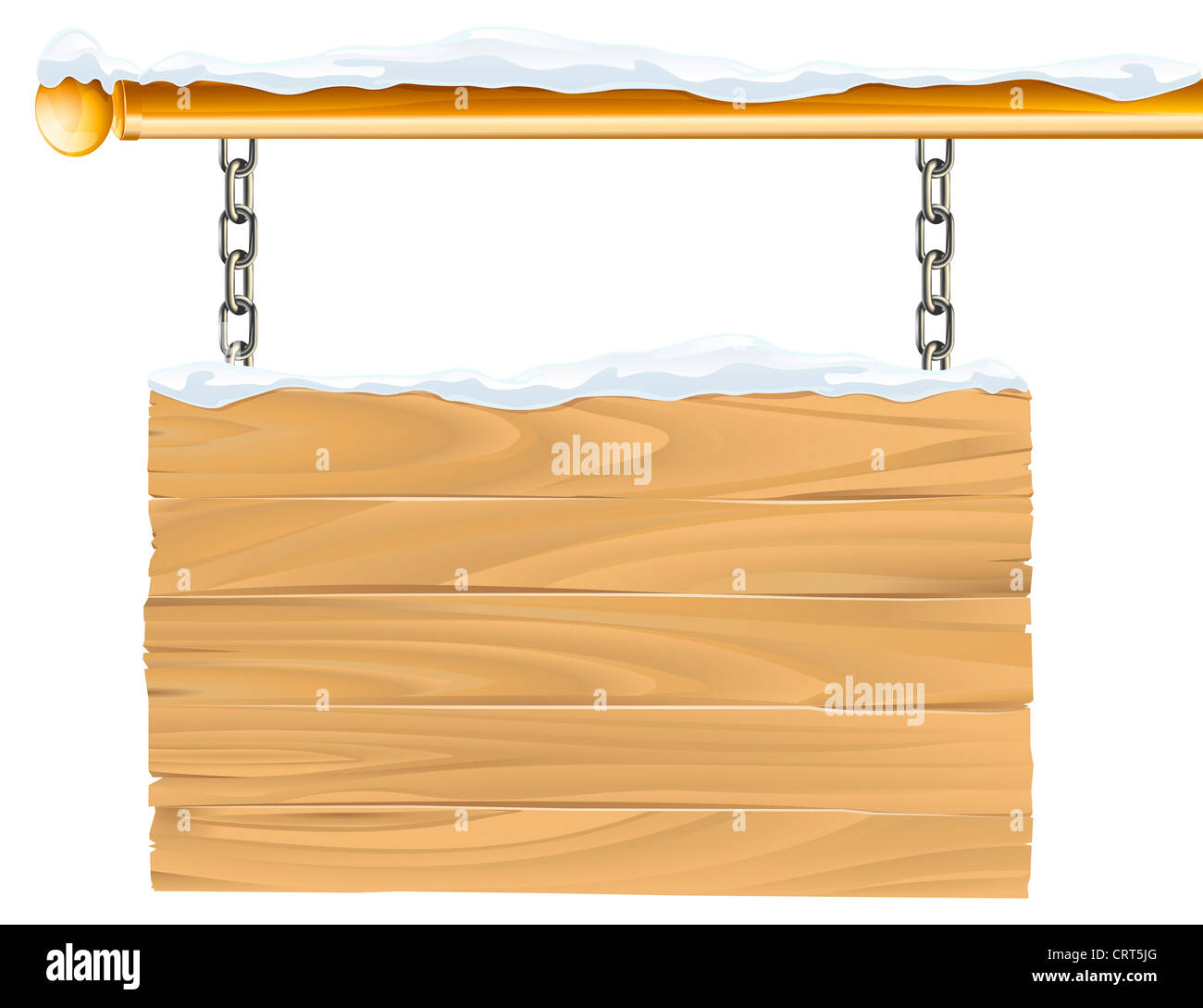 Un di legno nevoso inverno segno natale appeso sospeso dalle catene e palo metallico Foto Stock