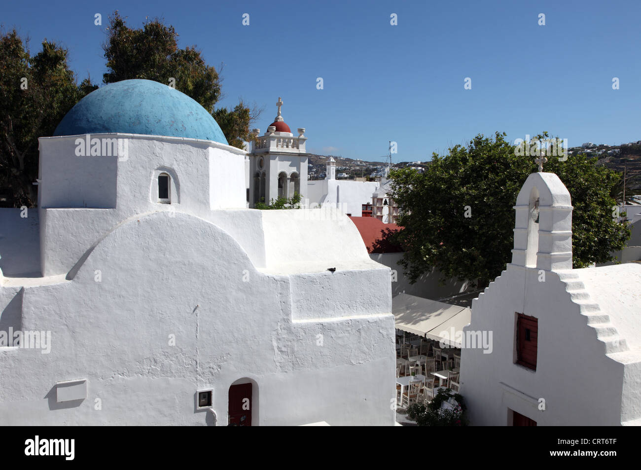 Chiese tradizionali sull'isola greca di Mykonos Foto Stock