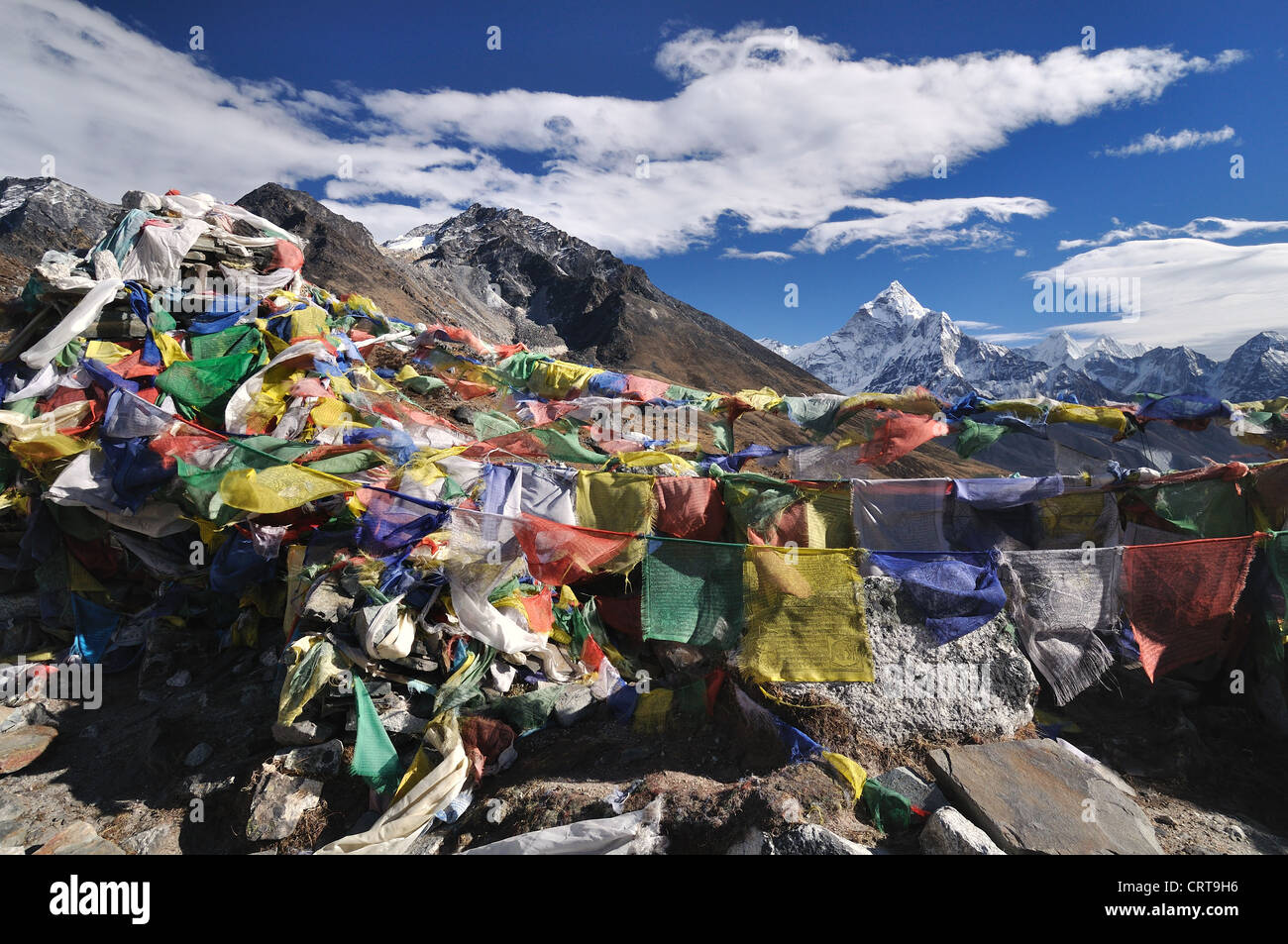 Bandiere di preghiera sono un richiamo costante in Nepal dell'influenza tibetana Foto Stock