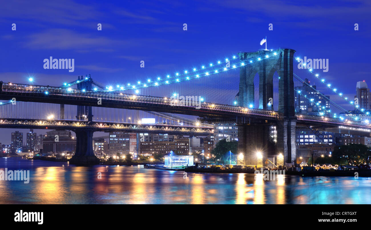 Quadro Su Tela Fochorlo - Brooklyn Bridge Di Notte, Poster Artistico Di New York City, 50,8x121,9 Cm (Blu)
