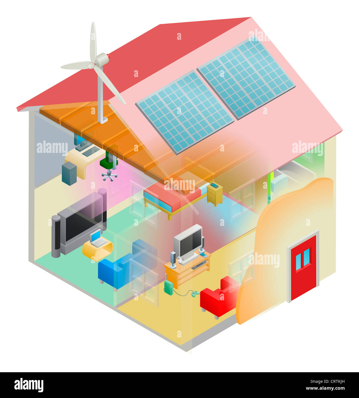 Efficienza energetica home casa con parete di cavità e loft isolamento, turbina eolica e pannelli solari sul tetto. Foto Stock