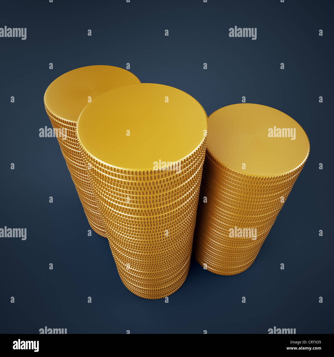 Tre alte pile di vuoto di monete d'oro Foto Stock