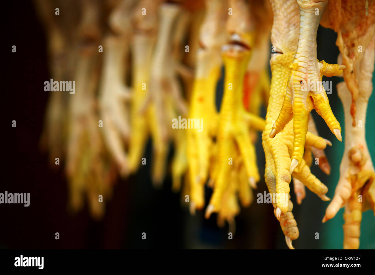 Cosce di pollo alla visualizzazione in un negozio di carne in Shivaji Nagar, Bangalore, India Foto Stock