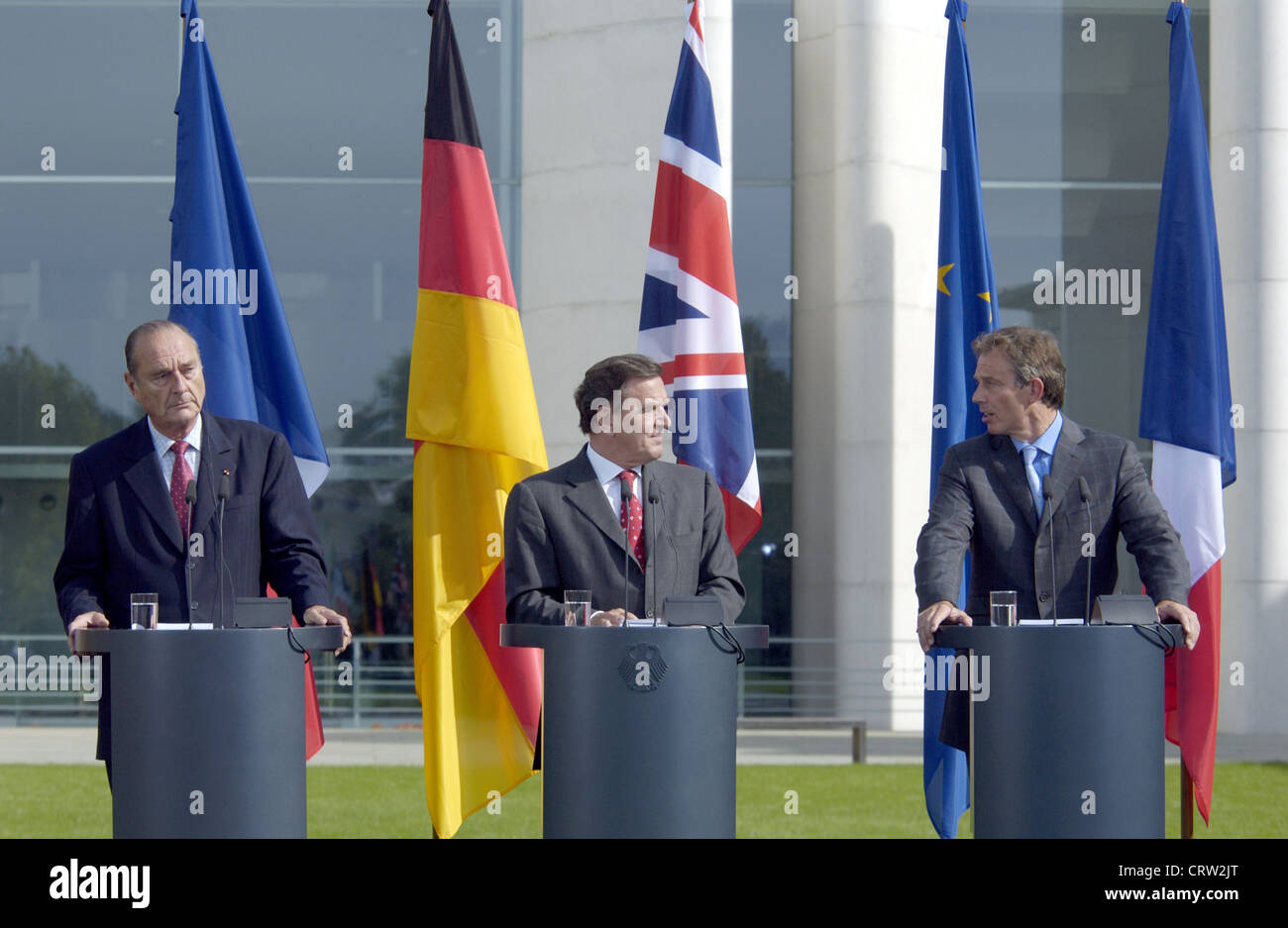 Jacques Chirac e Gerhard Schroeder e Tony Blair Foto Stock