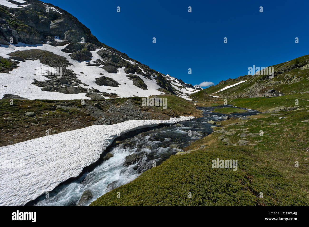 Un torrente di montagna vicino al lago Bellacomba, Valle d'Aosta, Italia Foto Stock