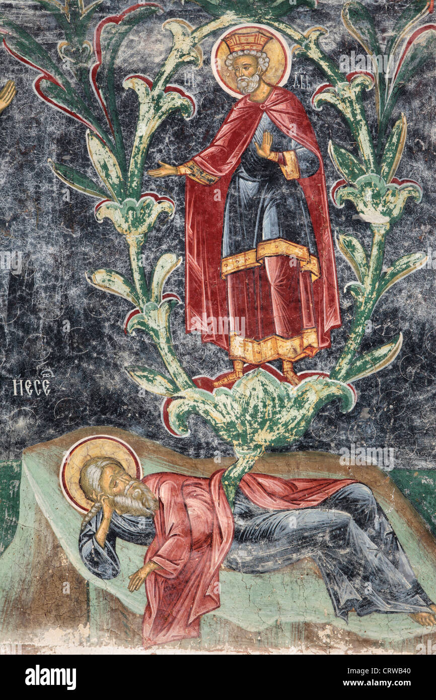 Affreschi sulla Sucevita dipinta nel monastero di Bucovina, Romania Foto Stock