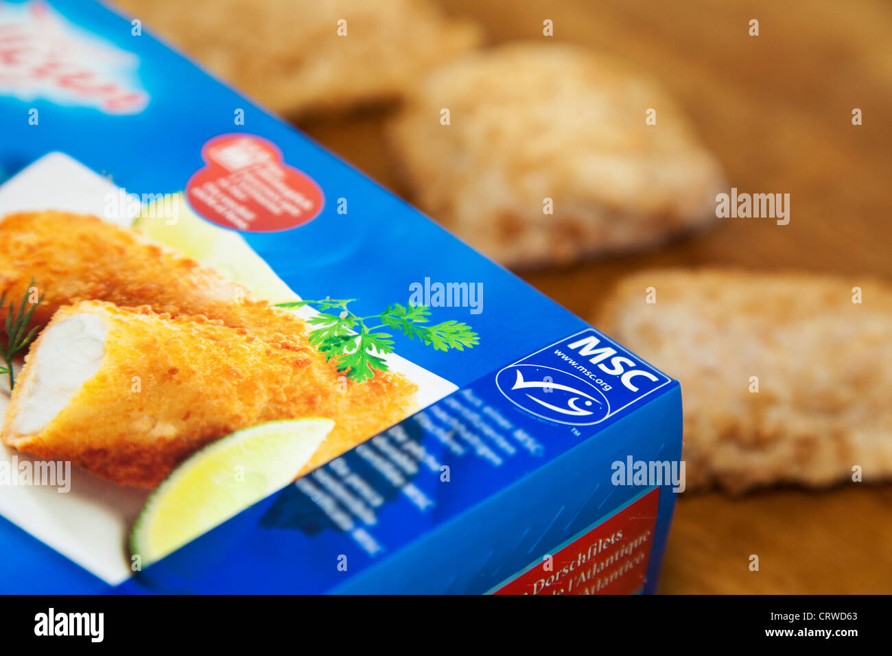 Il pesce congelato con il Marine Stewardship Council Logo Foto Stock