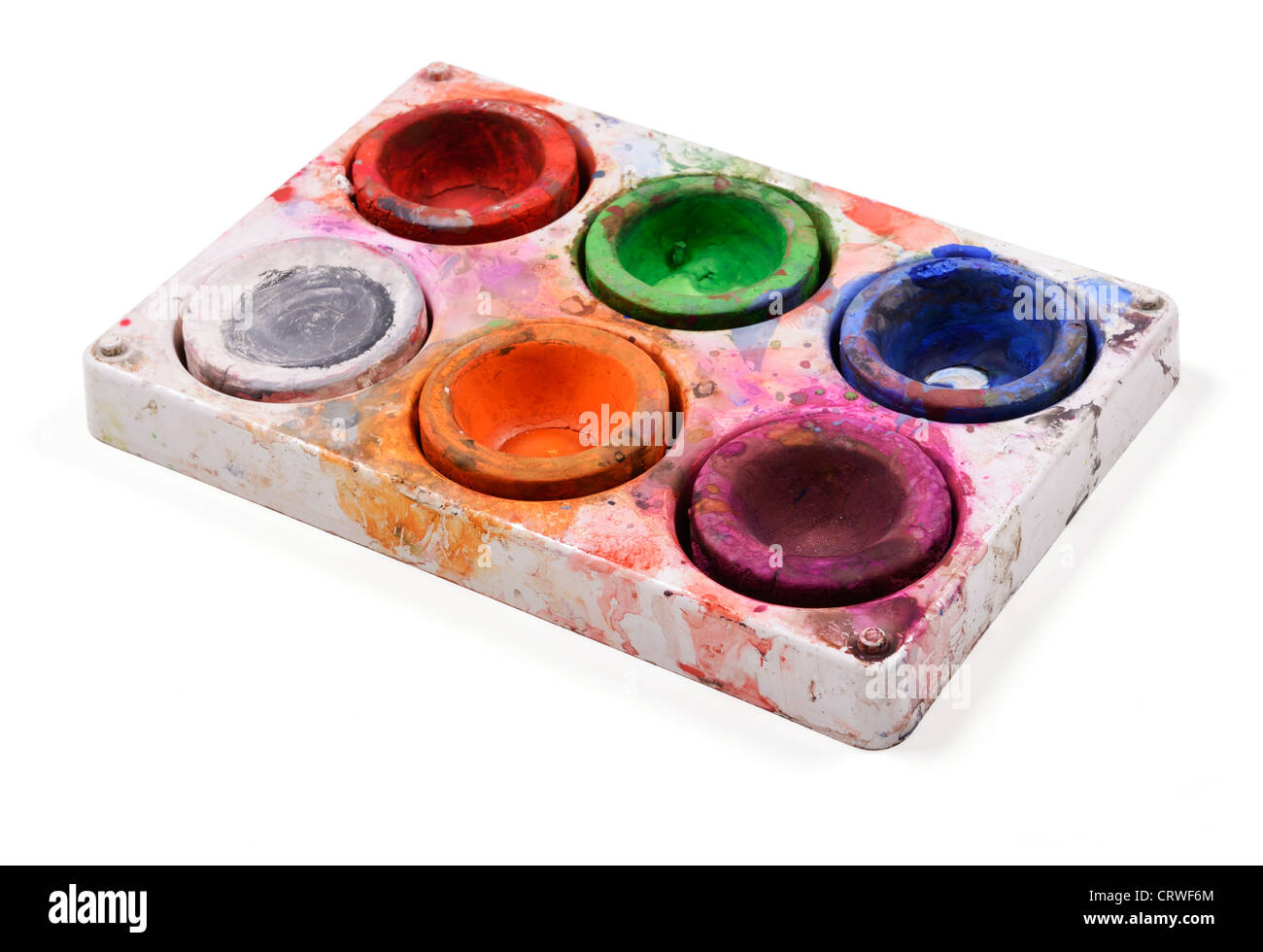 Tavolozza di vernice con sei colori Foto Stock