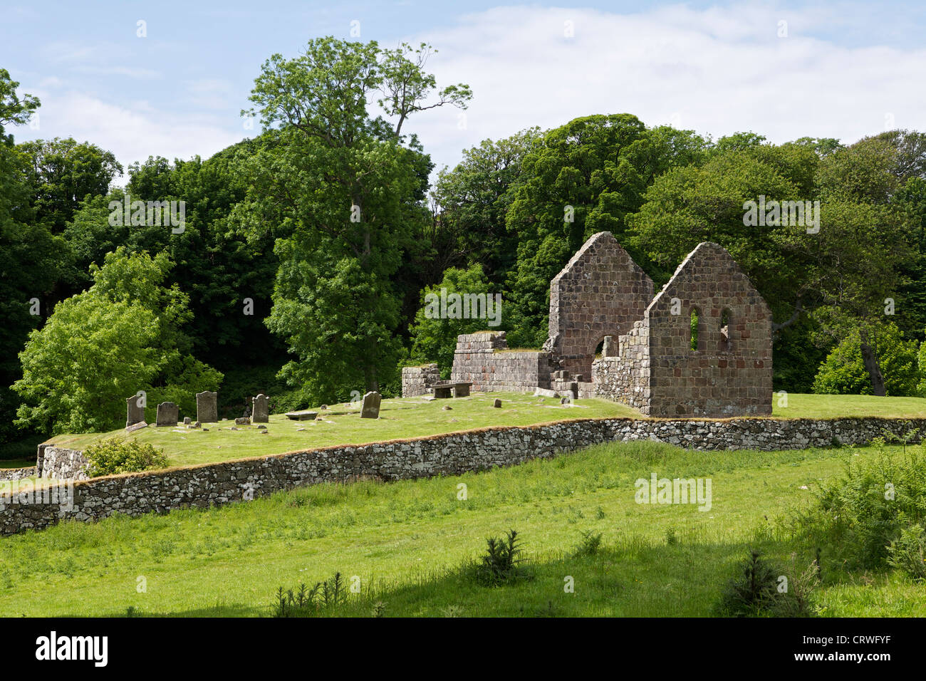 St Blanes chiesa vista da ovest via isola, Isle of Bute Foto Stock