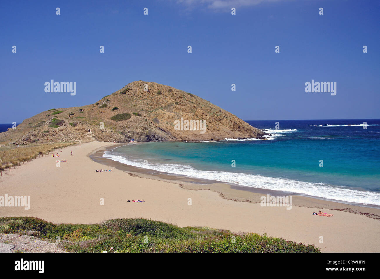 Vista della spiaggia, Cala Mesquida, Menorca, isole Baleari, Spagna Foto Stock