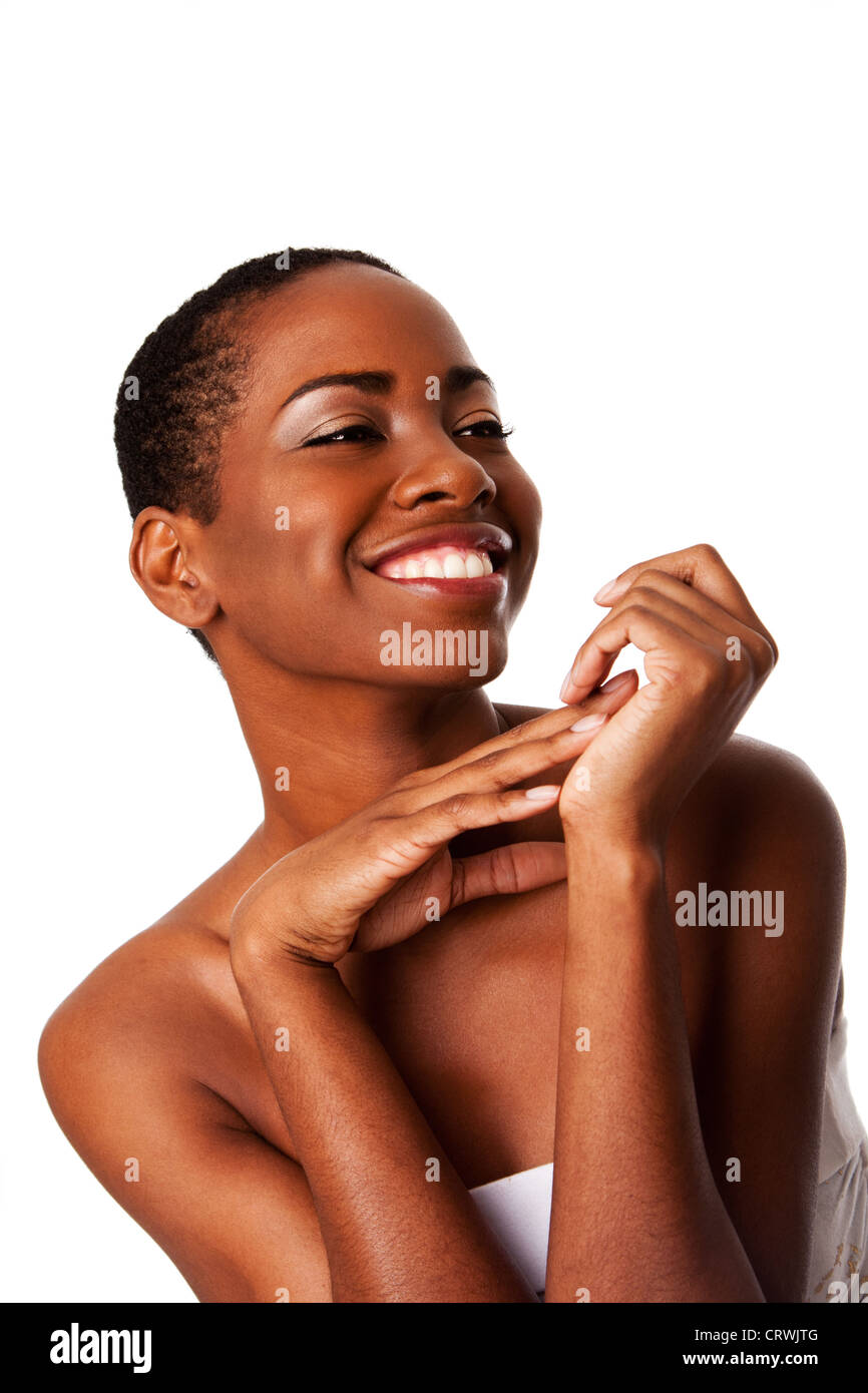 Bella sorridenti ispirando donna africana Foto Stock
