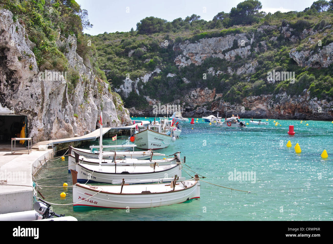 Barche da pesca, Es Canutells, Menorca, isole Baleari, Spagna Foto Stock