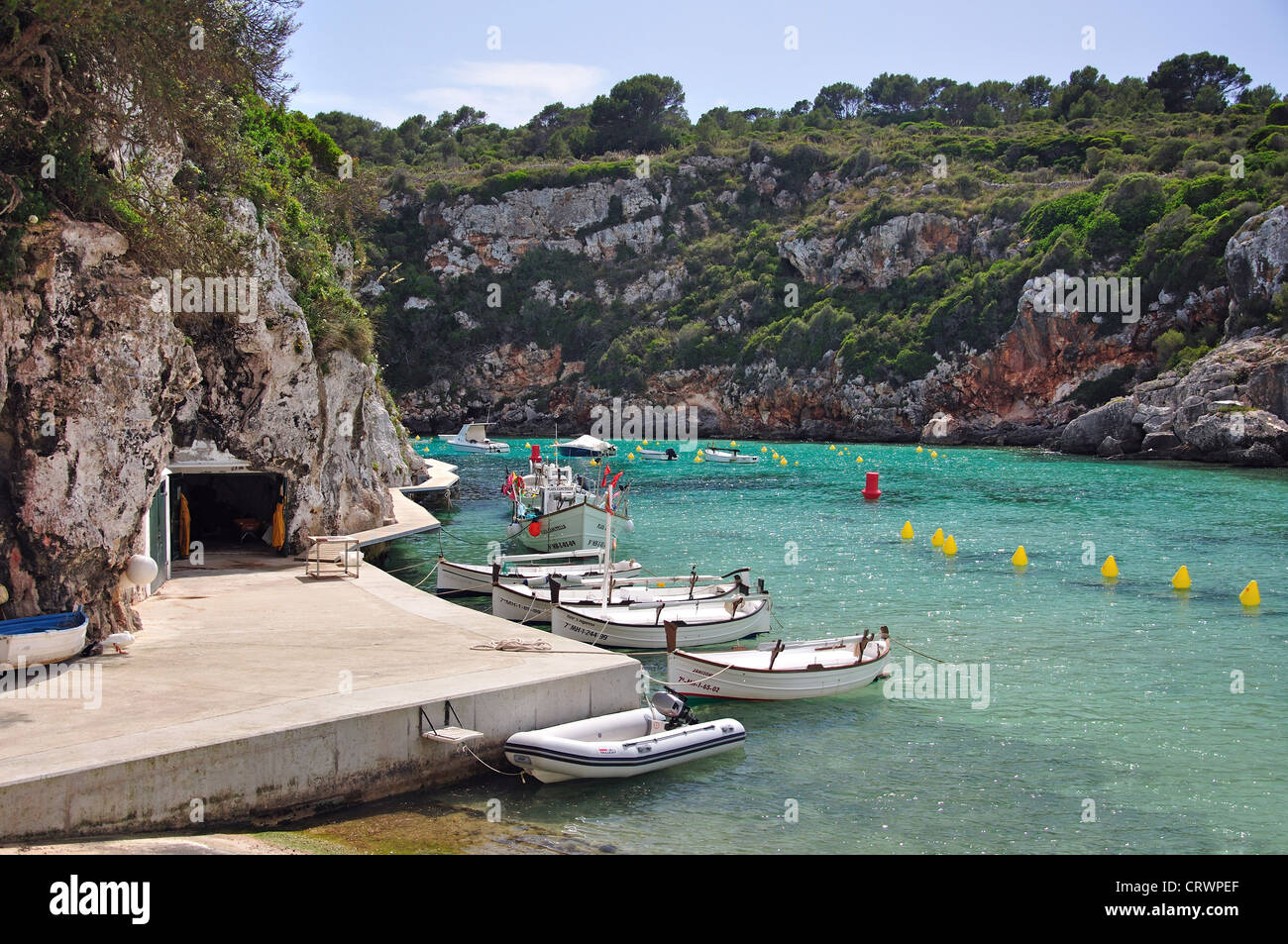 Barche da pesca, Es Canutells, Menorca, isole Baleari, Spagna Foto Stock