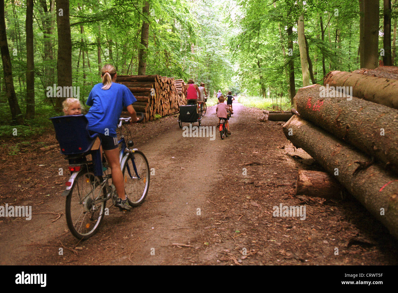 Una famiglia con un giro in bicicletta nei boschi Foto Stock