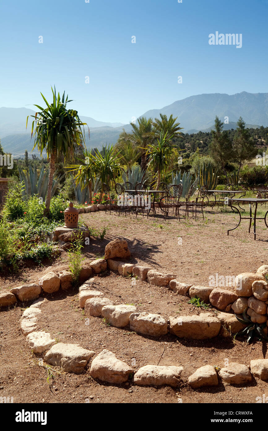 Giardino del lussuoso hotel Riad La Bergerie, Ouirgane, Alto Atlante, Marocco Foto Stock