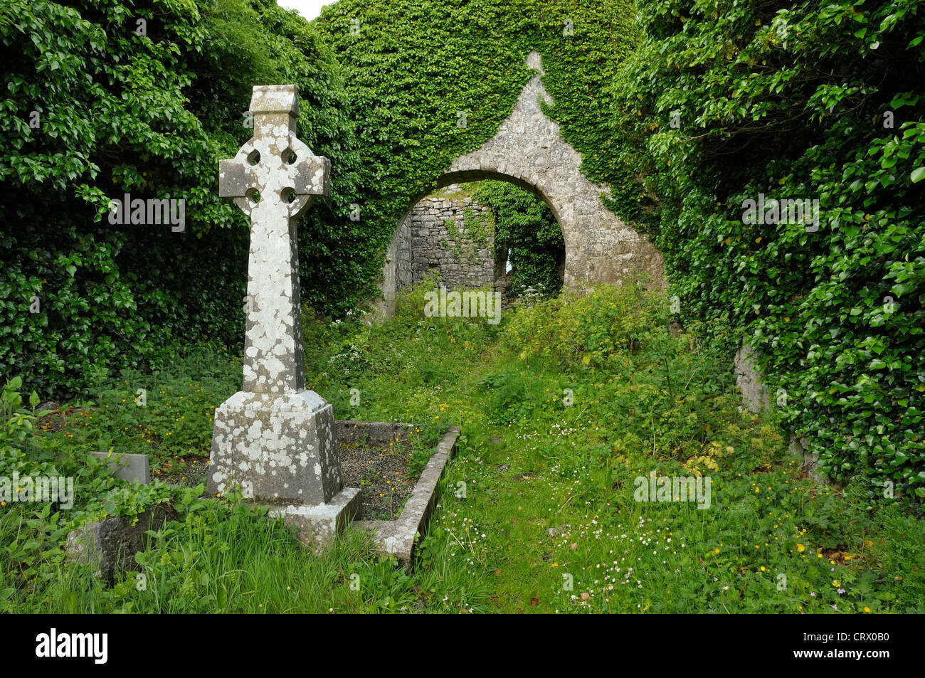 Vecchia Croce all'interno Noughaval vecchia chiesa, Burren, Co. Clare, Irlanda Foto Stock