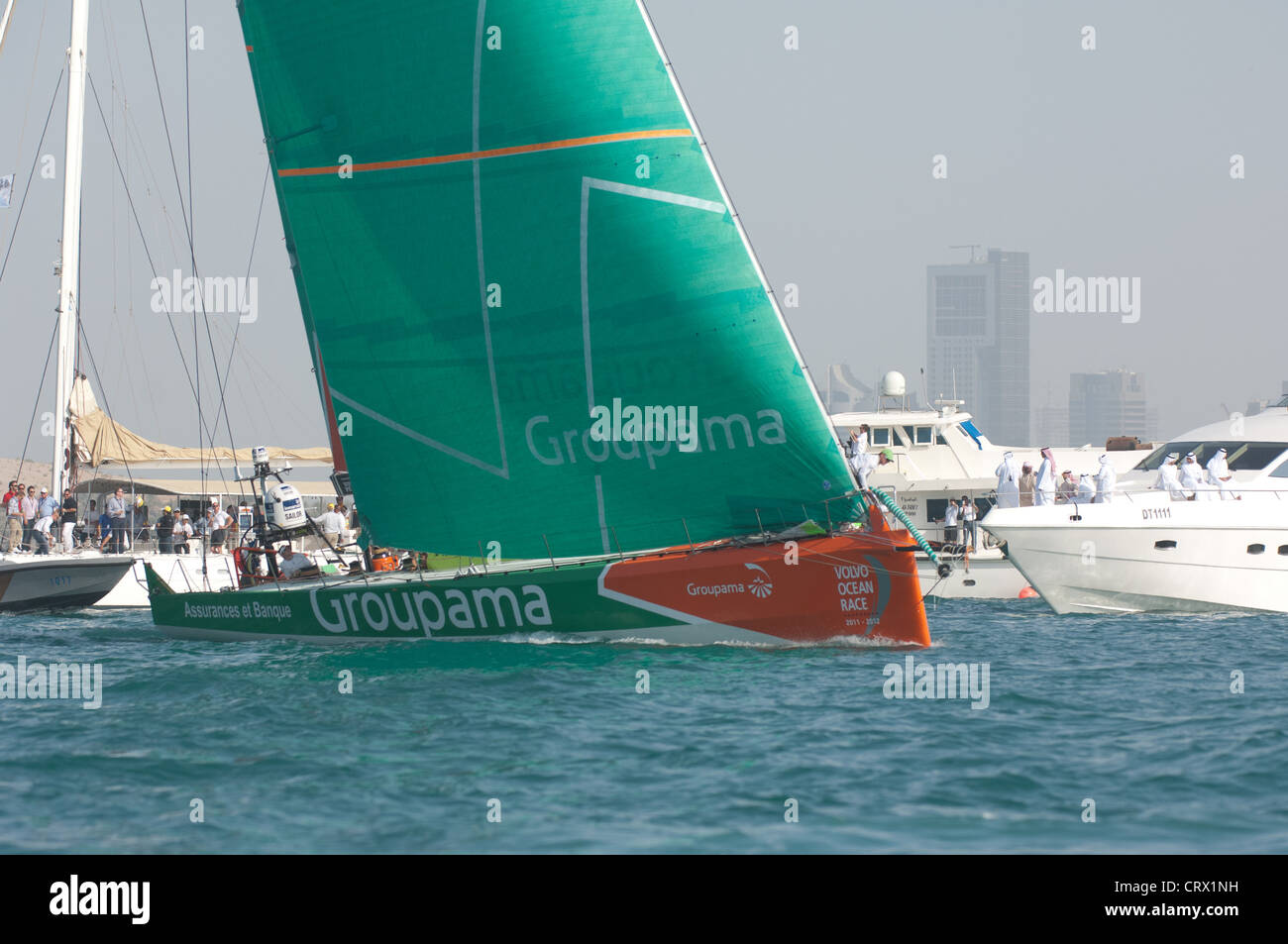 Groupama team e skipper Franck Cammas durante abu dhabi regata Volvo gennaio 2012 Foto Stock