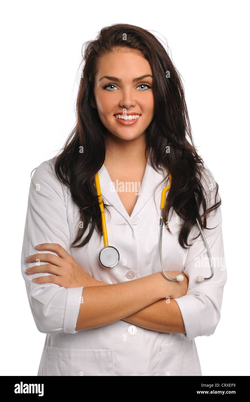 Ritratto di giovane e bella medico o infermiere sorridente isolate su sfondo bianco Foto Stock