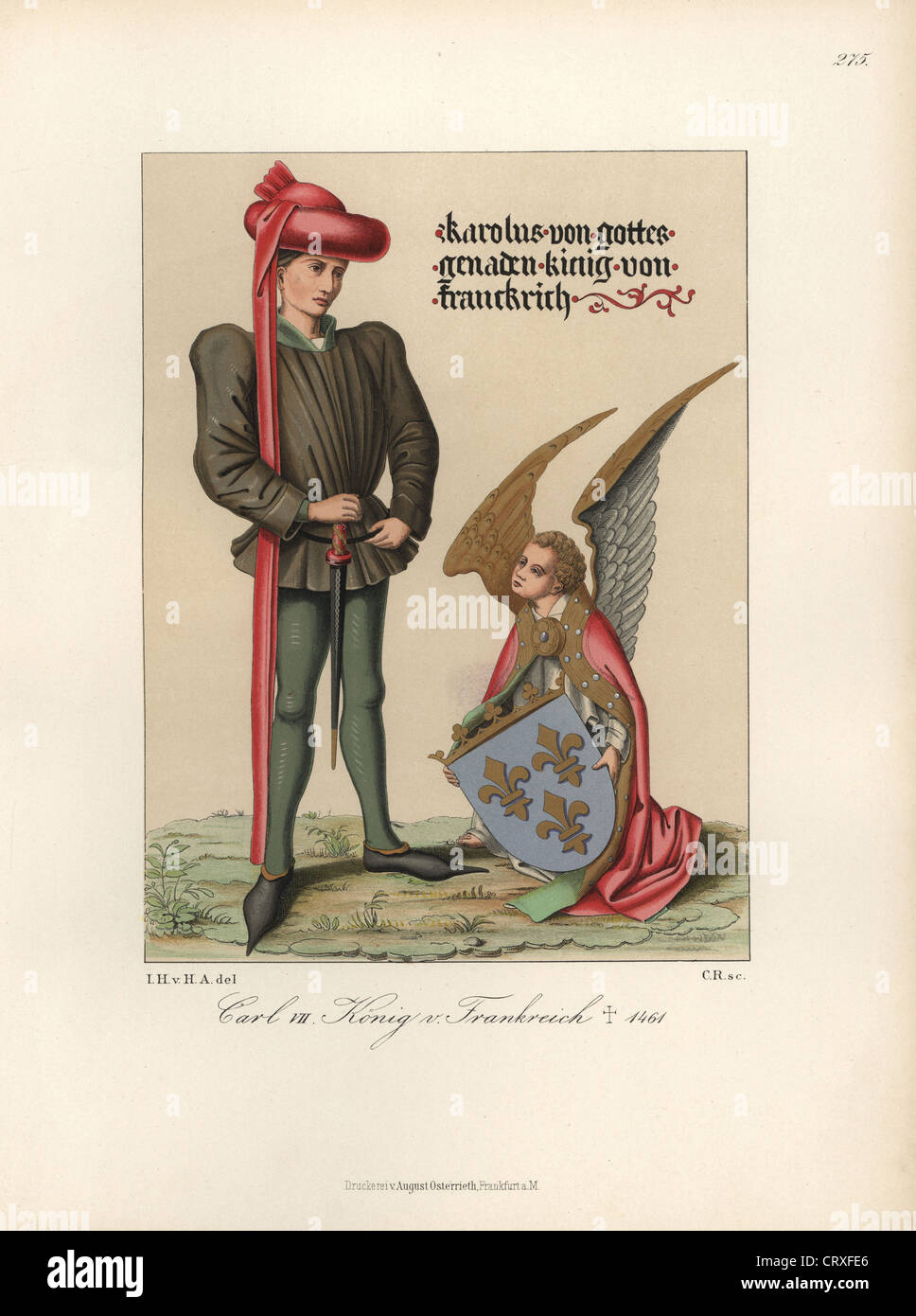 Re Carlo VII di Francia, la vittoriosa, 1422-1461. Egli è rappresentato con un angelo tenendo il suo stemma. Foto Stock