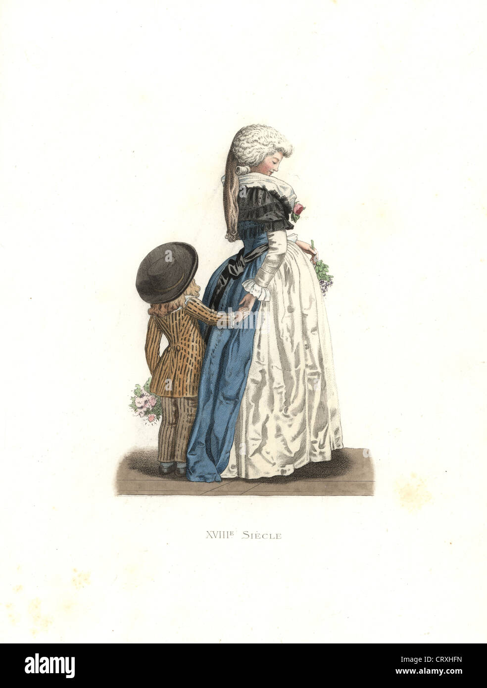 Giovane donna e bambino, Francia XVIII secolo, da una stampa da Debucourt. Foto Stock