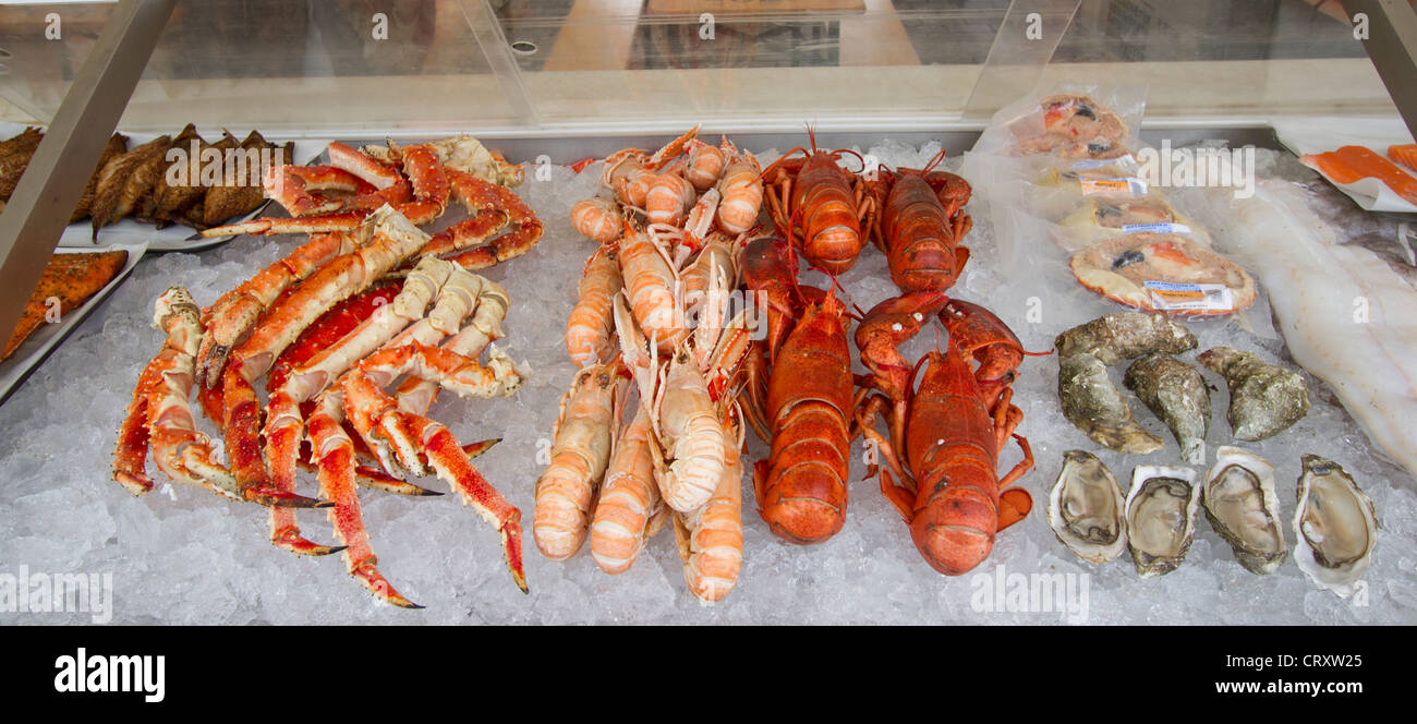 I granchi e gli scampi e pesce di shell in vendita su ghiaccio Foto Stock