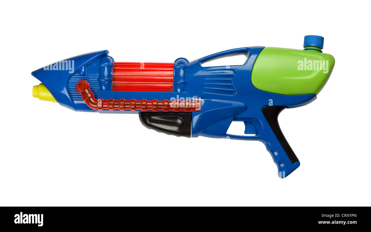Plastica blu acqua pistola spruzza isolato su bianco Foto Stock