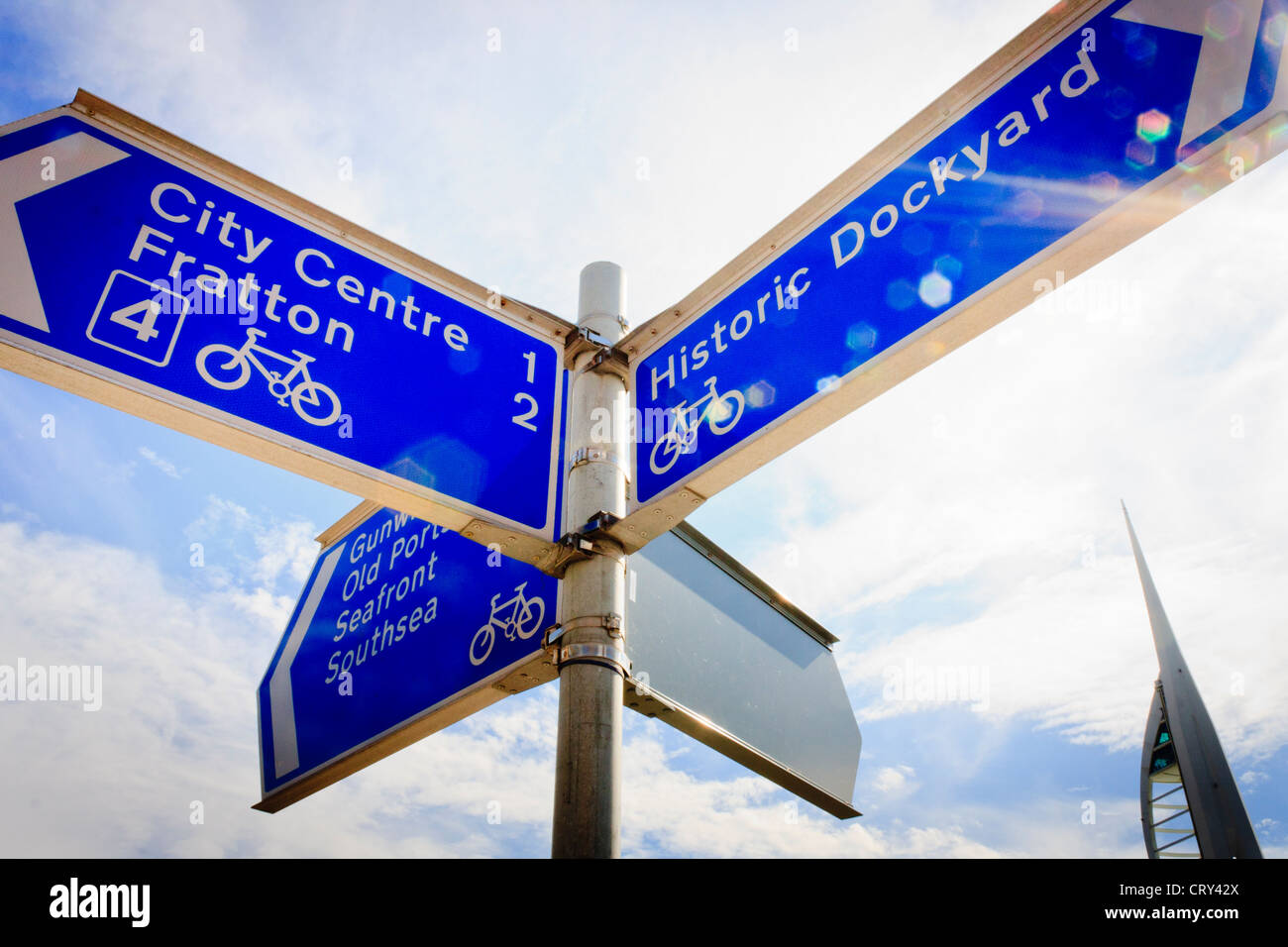 Un ciclo di blu segno di percorso da Portsmouth fronte mare dirigere ai ciclisti di località turistiche e il centro della città. Foto Stock