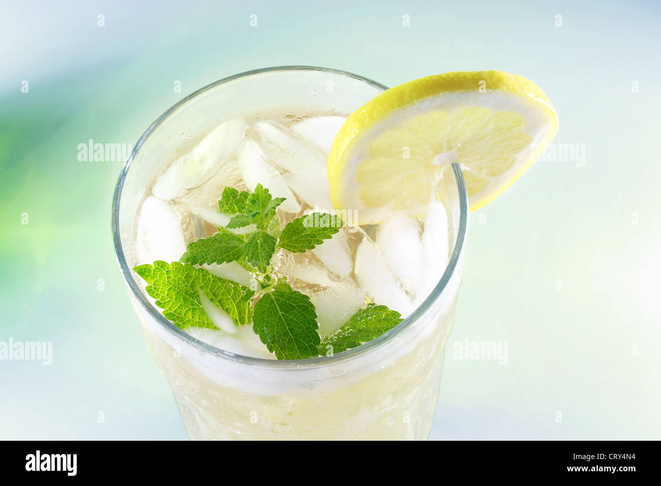 Ice-cold limonata fresca con fetta di limone e melissa (mint) Foto Stock