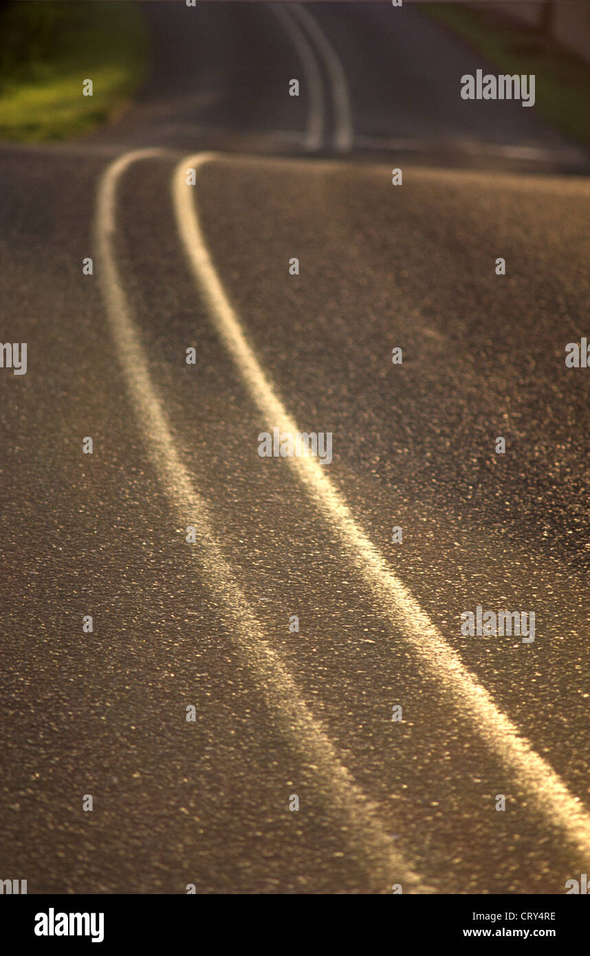 Dettaglio del dipinto di linee su strada sinuosa Foto Stock