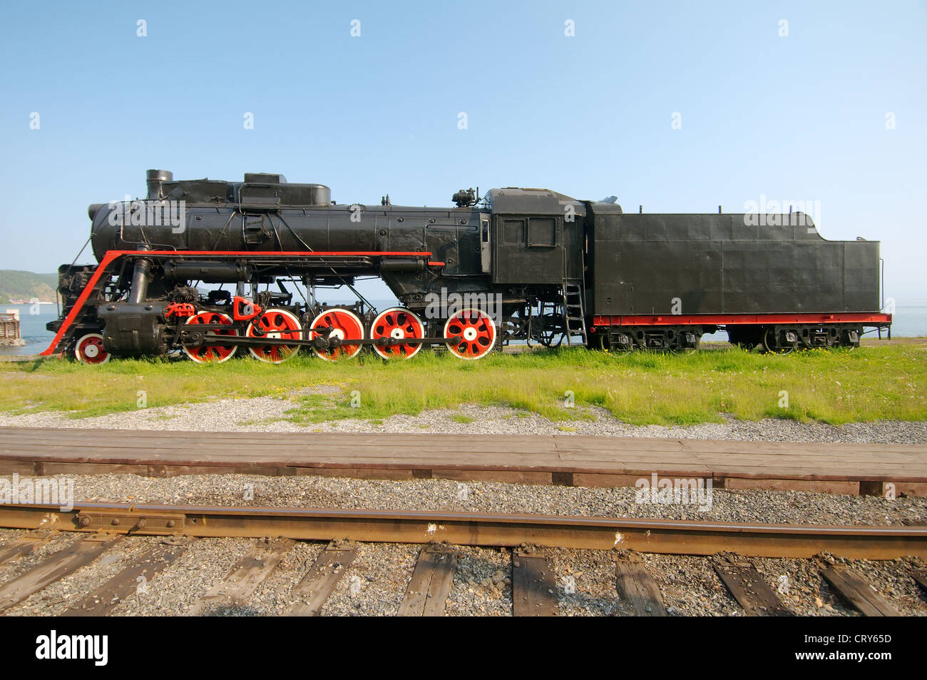 Il vecchio motore, Circum-Baikal ferroviarie, Lago Baikal, Regione di Irkutsk, liquidazione Baikal, Siberia, Federazione russa Foto Stock